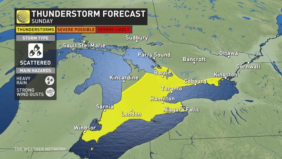 southern Ontario Sunday thunderstorm risk map May 3 2024