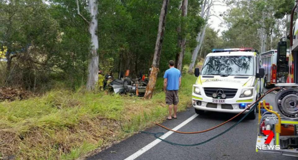 Emergency services on scene at a single-vehicle fatal crash on Moy Pocket Road, Kenilworth, on the Queensland Sunshine Coast. Source: 7 News