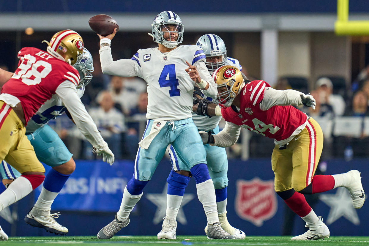 Dallas Cowboys quarterback Dak Prescott (4) has a big challenge against a good 49ers defense. (Photo by Robin Alam/Icon Sportswire via Getty Images)