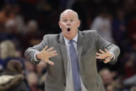 Orlando Magic head coach Steve Clifford yells instructions to players in the first half of an NBA basketball game against the Cleveland Cavaliers, Friday, Dec. 6, 2019, in Cleveland. (AP Photo/Tony Dejak)