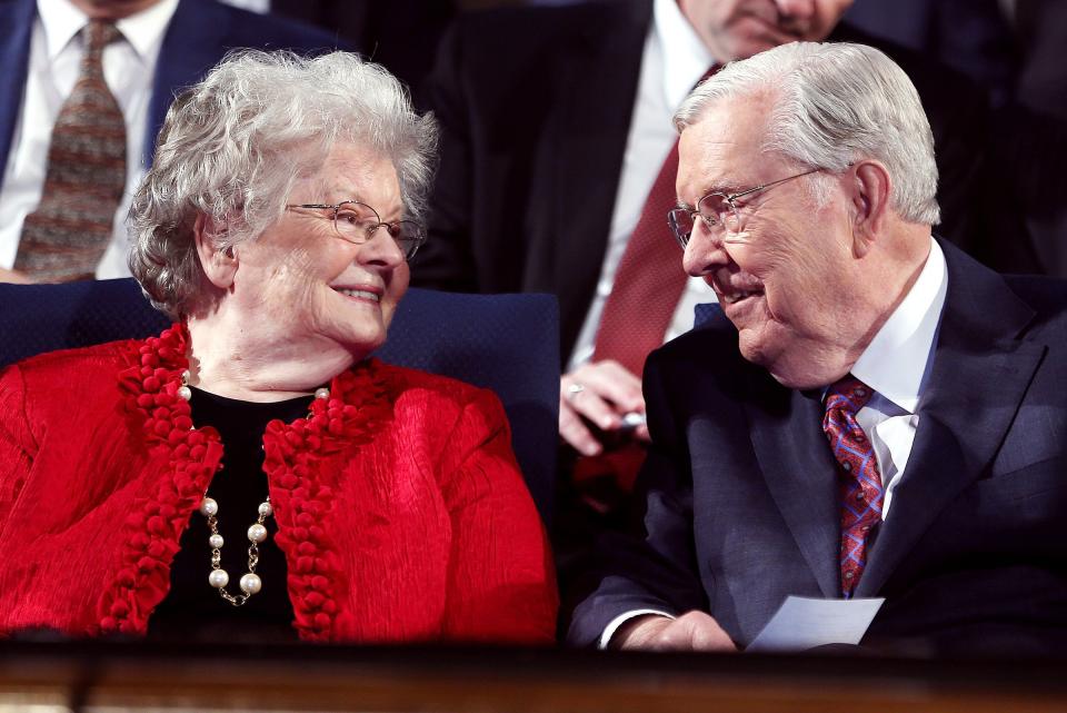 Elder M. Russell Ballard of the Quorum of the Twelve Apostles of The Church of Jesus Christ of Latter-day Saints and his wife, Barbara, smile at each other in 2017. | Scott G Winterton, Deseret News