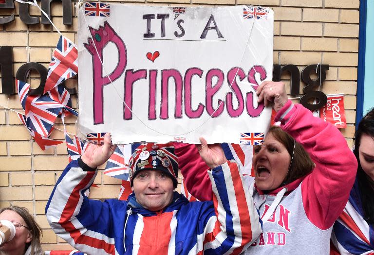 Royal fans celebrate outside the Lindo wing at St Mary's hospital in central London, on May 2, 2015