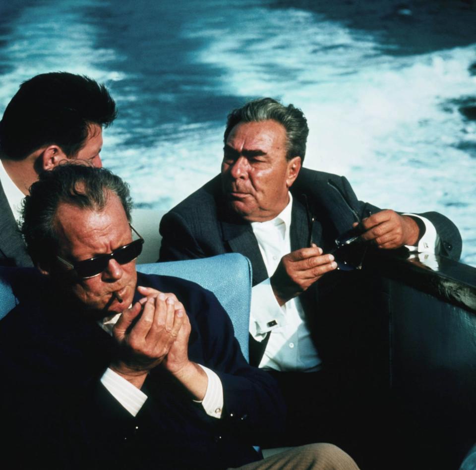 <p>German Chancellor Willy Brandt (front) and Soviet head of state Leonid Brezhnev during a boat ride in the Soviet Union in 1971.</p>