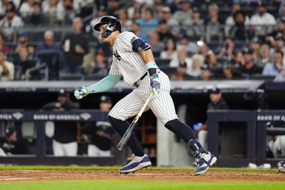 BRONX, NY - SEPTEMBER 09: New York Yankees Designated Hitter Aaron Judge (99) runs out a single during the fifth inning of the Major League Baseball game between the Kansas City Royals and the New York Yankees on September 9, 2024, at Yankee Stadium in the Bronx, NY. (Photo by Gregory Fisher/Icon Sportswire via Getty Images)