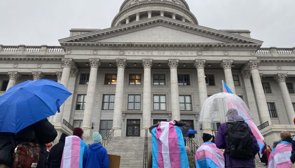 A group of protestors draped in transgender flags gather outside of the Utah Capitol.
