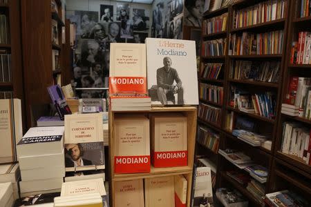 Books by French writer Patrick Modiano are displayed at the bookstore of French publishing house Gallimard in Paris October 9, 2014. REUTERS/Charles Platiau