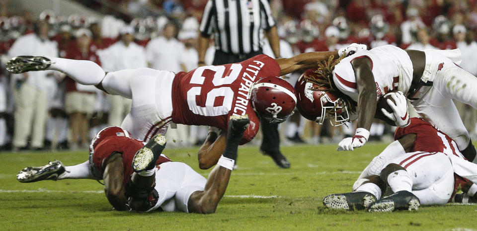 Alabama defensive back Minkah Fitzpatrick is a finalist for three college football awards. (AP Photo/Brynn Anderson)