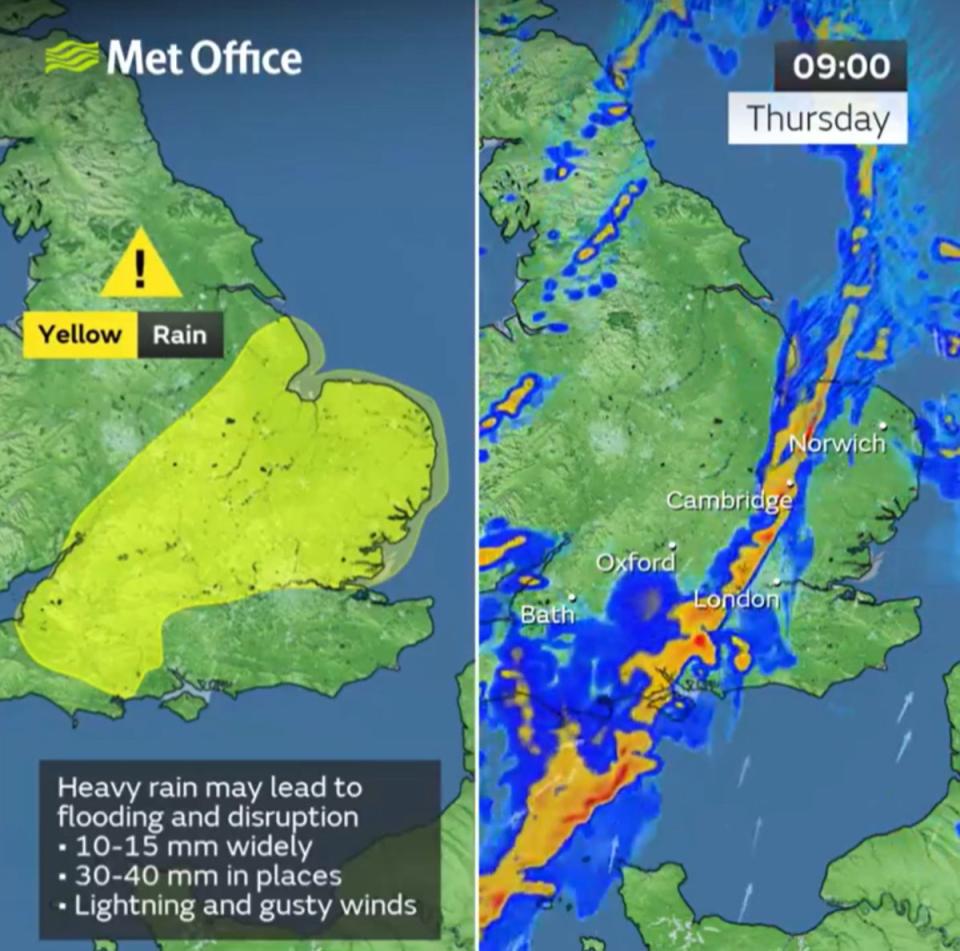 Map shows areas under yellow weather warning for rain in England along with rainfall forecast (Met Office)