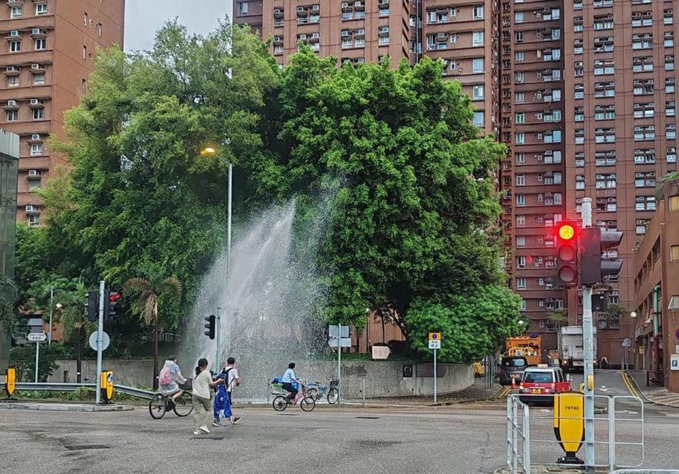 屯門青麟路地底爆水管，噴6米高水柱。(香港突發事故報料區(新版)@FB)