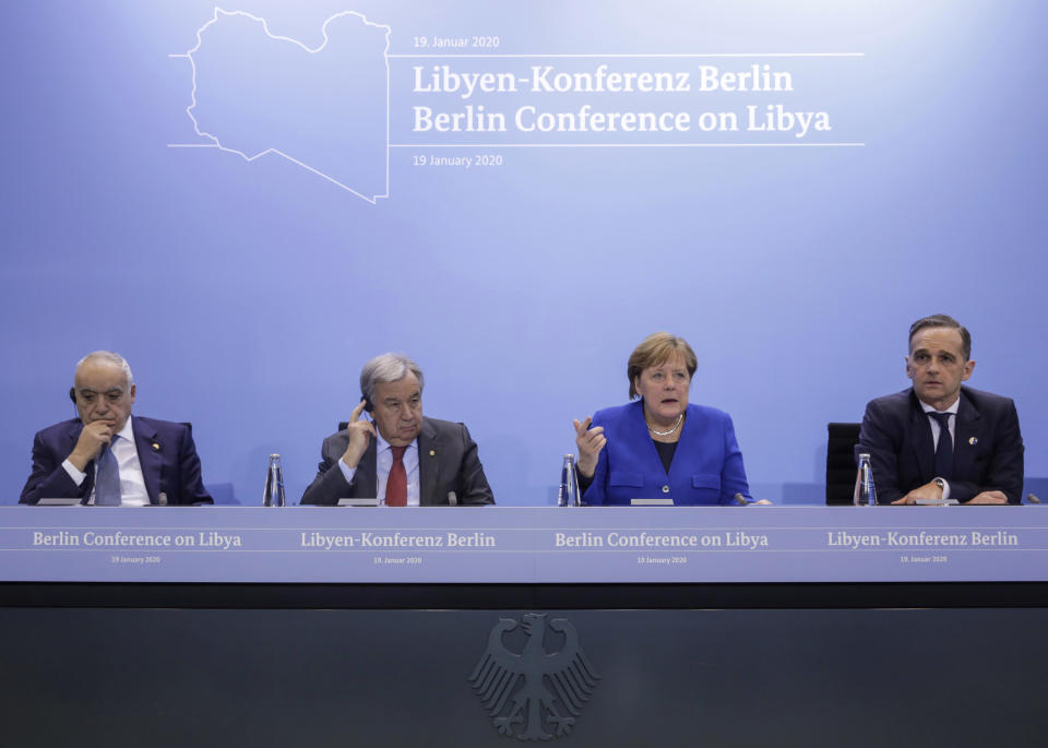 From left, U.N. Envoy for Libya Ghassan Salame, United Nations Secretary-General Antonio Guterres, German Chancellor Angela Merkel and German Foreign Minister Heiko Maas attend a news conference after the conference on Libya at the chancellery in Berlin, Germany, Sunday, Jan. 19, 2020. (Axel Schmidt/Pool Photo via AP)