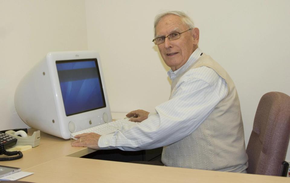 Jim Flood Sr. works on his weekly column, “From a Window Overlooking the St. Jones,” in 2015 when he was Dover Post publisher emeritus.