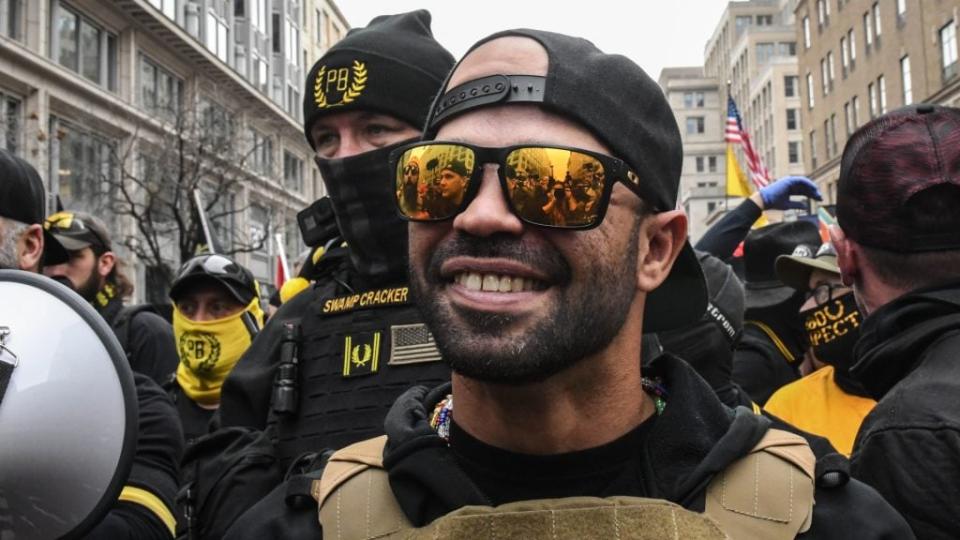 Enrique Tarrio, leader of the Proud Boys, stands with some of his fellow “Western chauvinists” during a protest last month in Washington, D.C. (Photo by Stephanie Keith/Getty Images)