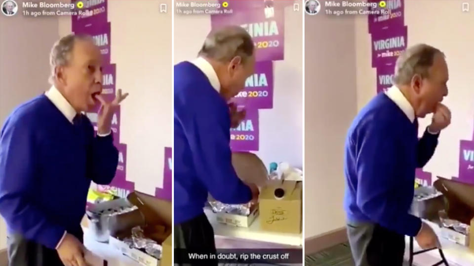 Mike Bloomberg eats pizza and licks his fingers in a Snapchat video