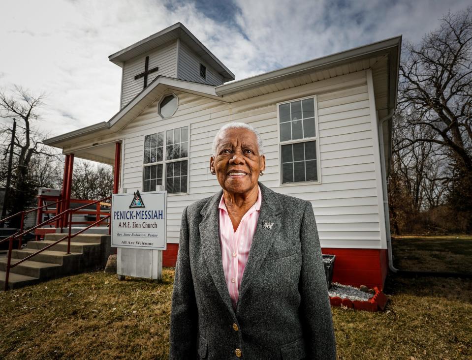 Flinora Frazier, the grand daughter of Penick Chapel AME Zion Church founder, Rev. Sidney Penick, is photographed at the church which was founded in 1889, on Tuesday, March 1, 2022, in the Norwood neighborhood of Indianapolis. The Norwood neighborhood was a Freetown founded and built by Civil War veterans in the 1860s, and Frazier is a direct descendant of those founders. 