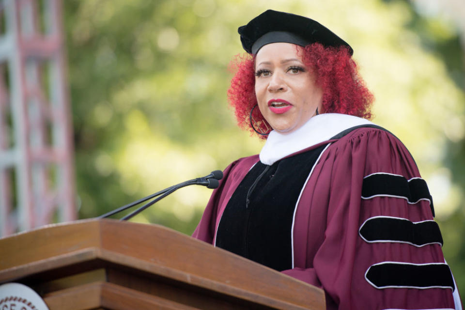 ATLANTA, GEORGIA - MAY 16: Author Nikole Hannah-Jones speaks on stage during the 137th Commencement at Morehouse College on May 16, 2021 in Atlanta, Georgia. (Photo by Marcus Ingram/Getty Images)