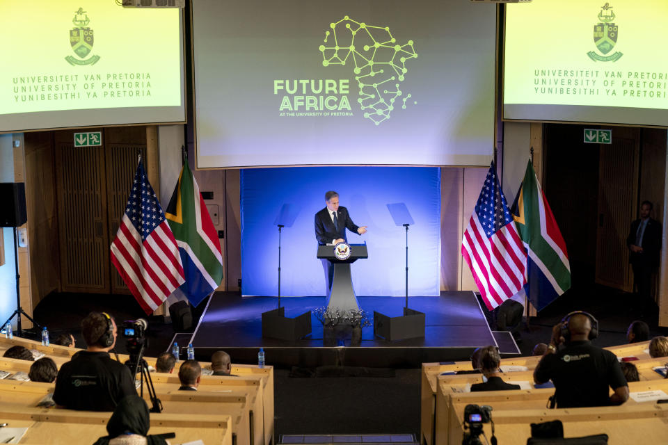 Secretary of State Antony Blinken gives a speech on the U.S. Africa Strategy at the University of Pretoria's Future Africa Campus in Pretoria, South Africa, Monday, Aug. 8, 2022. Blinken is on a ten day trip to Cambodia, Philippines, South Africa, Congo, and Rwanda. (AP Photo/Andrew Harnik, Pool)