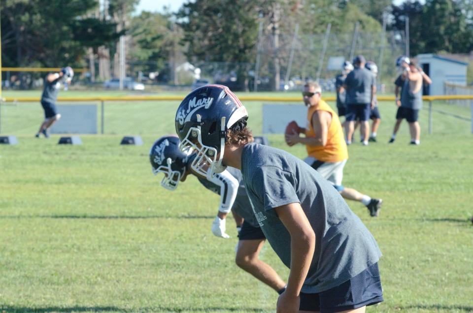 St. Mary's Gavin Bebble starts his route during a Tuesday, August 8 practice.