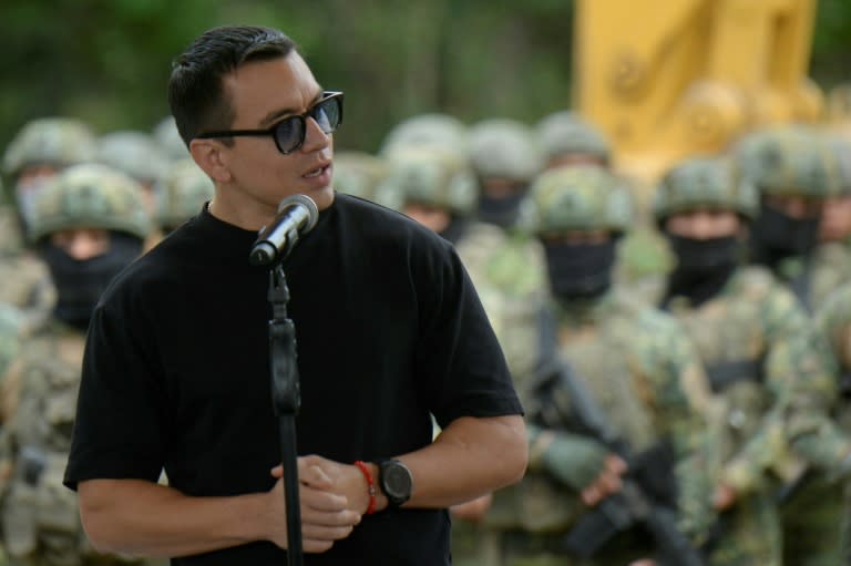 Ecuador's President Daniel Noboa speaks during the launch of construction of a maximum security prison for 800 prisoners in the coastal town of Santa Elena (Gerardo MENOSCAL)