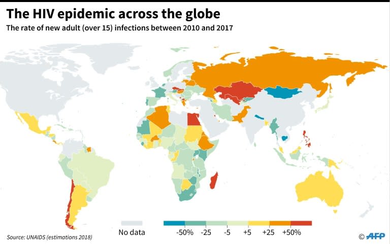 Map showing the latest data on HIV infections for adults between 2010 to 2017