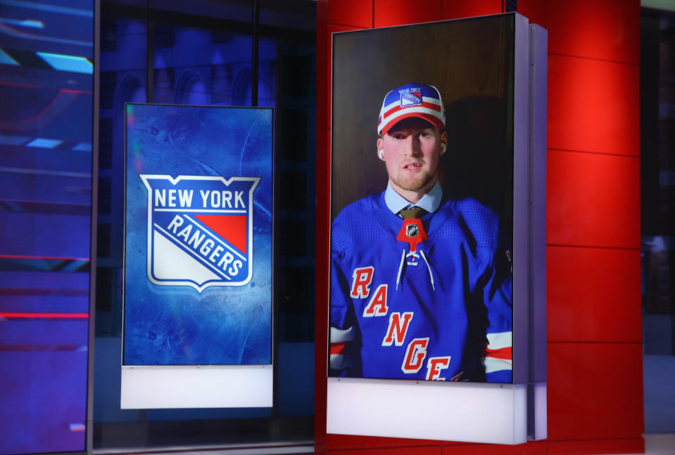 SECAUCUS, NEW JERSEY - OCTOBER 06: With the first pick of the 2020 NHL Draft, Alexis Lafreniere from Rimouski of the QMJHL is selected by the New York Rangers at the NHL Network Studio on October 06, 2020 in Secaucus, New Jersey. (Photo by Mike Stobe/Getty Images)