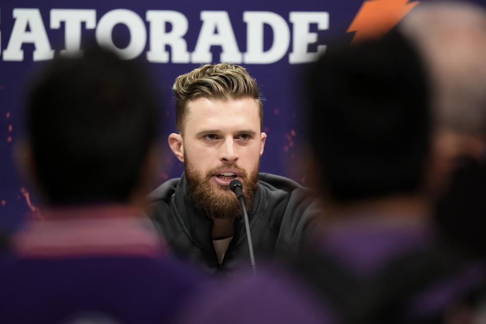 Kansas City Chiefs place kicker Harrison Butker speaks to the media during NFL football Super Bowl 58 opening night Monday, Feb. 5, 2024, in Las Vegas. The San Francisco 49ers face the Kansas City Chiefs in Super Bowl 58 on Sunday. (AP Photo/Charlie Riedel)