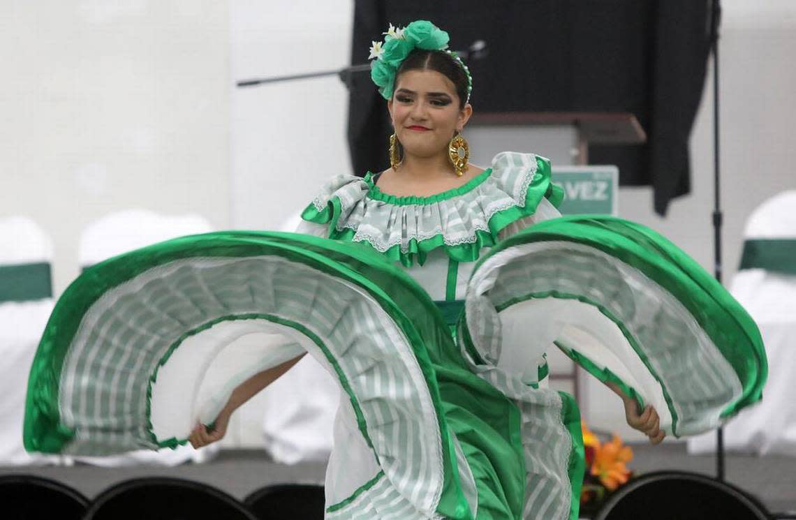 A member of Teocalli Youth Group performs during the celebration of the renaming of Kings Canyon and two other streets in honor of farmworker icon César E. Chávez. The celebration took place at the Fresno fairgrounds on June 10, 2023.