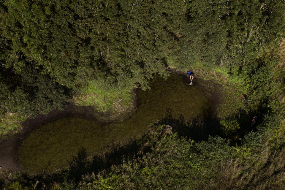 Helen Greaves, una estudiante de posgrado que forma parte del Pond Restoration Research Group del University College de Londres, toma muestras en un humedal en un terreno agrícola cerca de Hindolveston, Dereham, en el este de Inglaterra, el 13 de septiembre de 2019. Casi el 90% de los humedales del mundo desaparecieron en los últimos tres siglos, según la Ramsar Convention, una organización fundada en 1971 para proteger los humedales. (AP Foto/Emilio Morenatti)