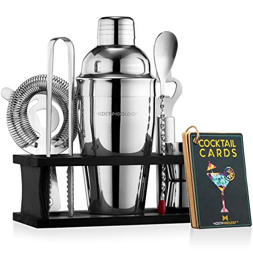 Mixology Bartender Kit | 8-Piece Silver Cocktail Shaker Set with Black Pine Wood Stand, Recipe Cards, and Bar Accessories | Home Bar Gift Idea