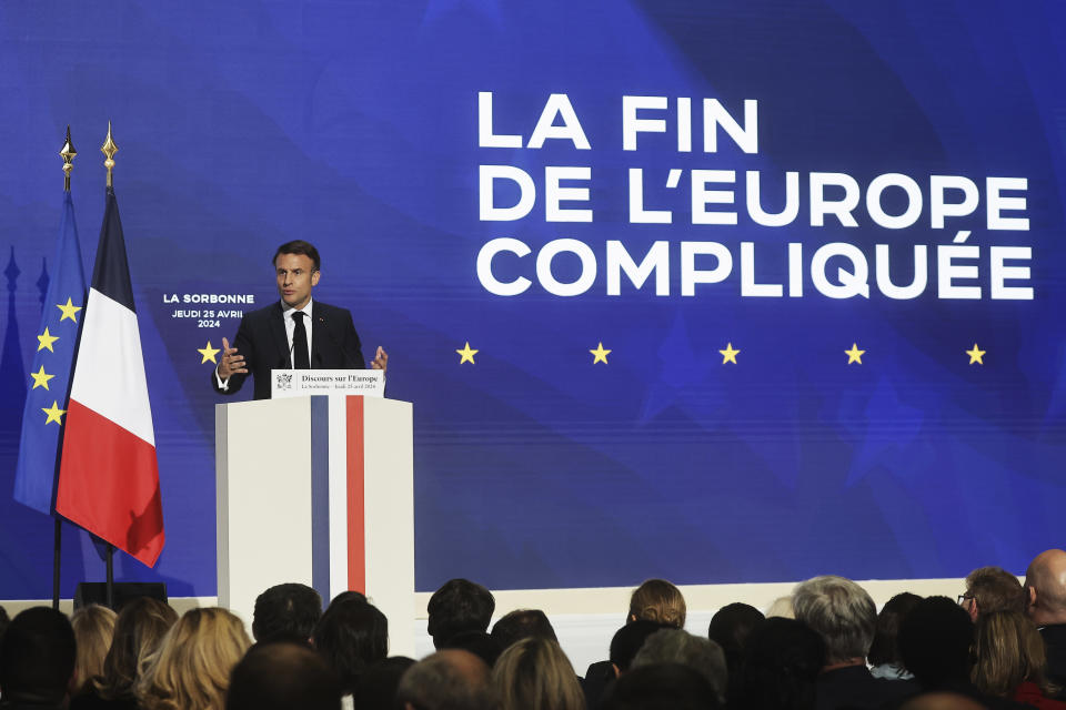 French President Emmanuel Macron delivers a speech on Europe in the amphitheater of the Sorbonne University, Thursday, April 25 in Paris. 2024. French President Emmanuel Macron will outline his vision for Europe as a more assertive global power at the backdrop of war in Ukraine, security, and economic challenges in a speech ahead of pivotal election for the European Parliament in June. (Christophe Petit Tesson, Pool via AP)