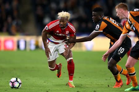 Britain Soccer Football - Hull City v Middlesbrough - Premier League - The Kingston Communications Stadium - 5/4/17 Middlesbrough's Adama Traore in action with Hull City's Alfred N'Diaye Reuters / Scott Heppell Livepic