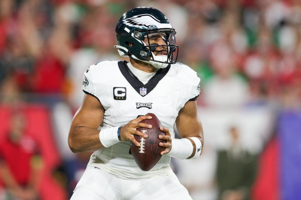Sep 25, 2023; Tampa, Florida, USA; Philadelphia Eagles quarterback Jalen Hurts (1) drops back to pass against the Tampa Bay Buccaneers in the first quarter at Raymond James Stadium. Mandatory Credit: Nathan Ray Seebeck-USA TODAY Sports