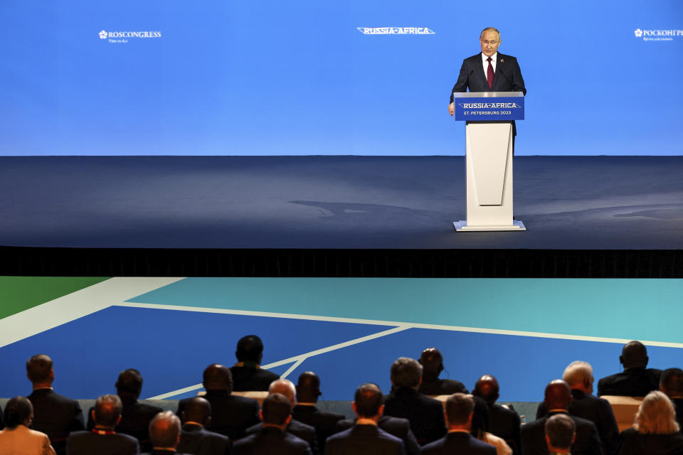 Russian President Vladimir Putin addresses the plenary session of the Russia-Africa Economic and Humanitarian Forum in St. Petersburg, Russia, Thursday, July 27, 2023. (Yegor Aleyev/TASS Host Photo Agency Pool Photo via AP)