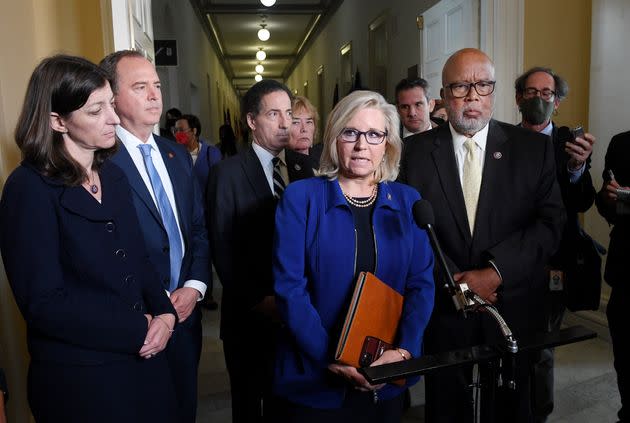Rep. Liz Cheney, (R-Wyo.) flanked by other members of the House Select Committee to Investigate the January 6th Attack on the U.S Capitol, has been ostracized by her party for speaking out against Trump's election denialism. (Photo: OLIVIER DOULIERY via Getty Images)