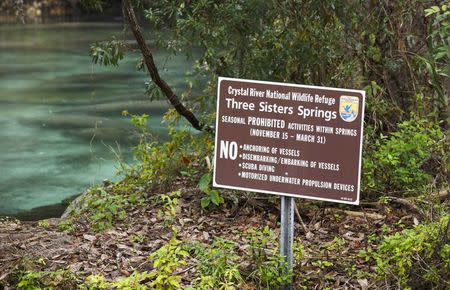 A sign welcomes visitors to the Three Sisters Springs in Crystal River, Florida January 15, 2015. REUTERS/Scott Audette