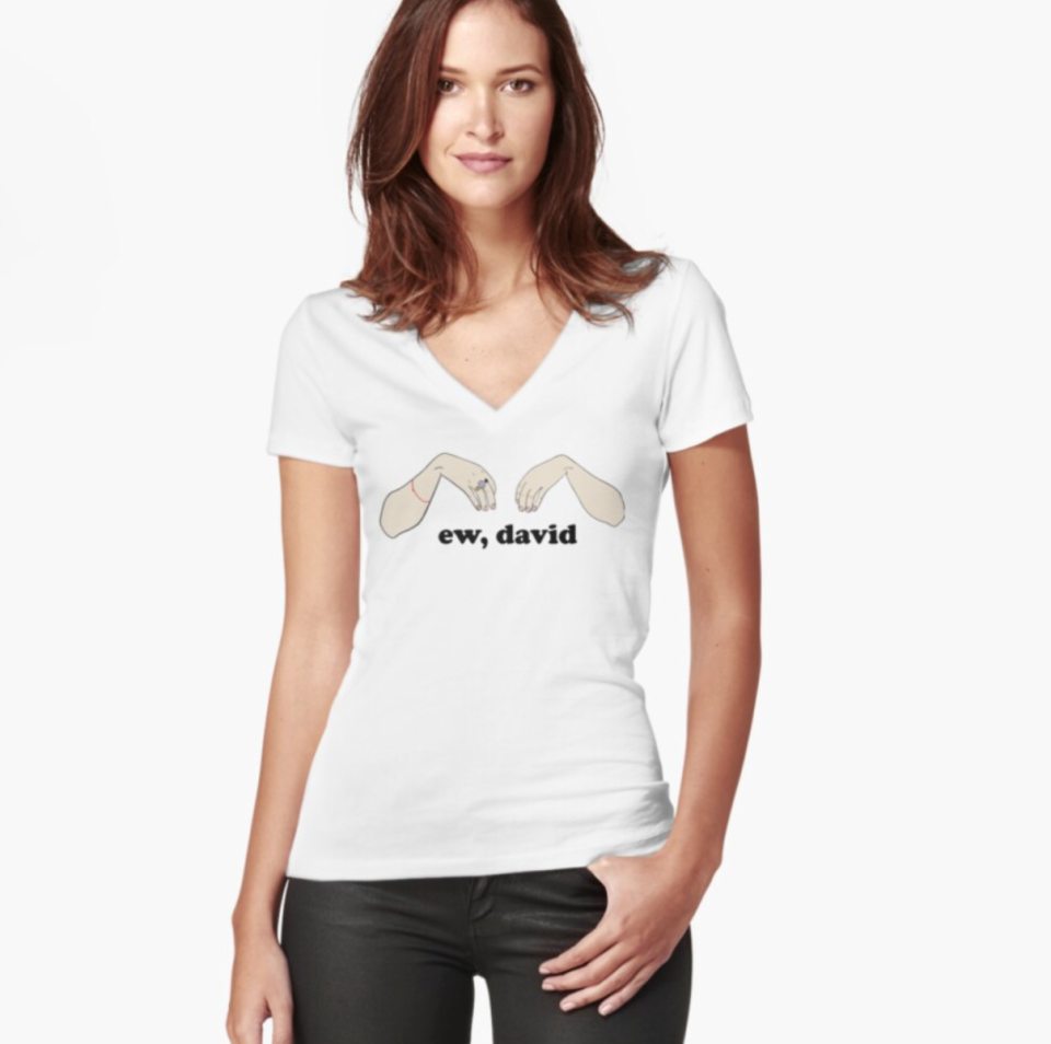 <p>redbubble.com</p><p><strong>$22.16</strong></p><p><a href="https://go.redirectingat.com?id=74968X1596630&url=https%3A%2F%2Fwww.redbubble.com%2Fi%2Ft-shirt%2FEw-David-Schitt-s-Creek-by-saracrump%2F41195698.UIV3X&sref=https%3A%2F%2Fwww.goodhousekeeping.com%2Fholidays%2Fgift-ideas%2Fg34348792%2Fbest-schitts-creek-gifts%2F" rel="nofollow noopener" target="_blank" data-ylk="slk:Shop Now;elm:context_link;itc:0;sec:content-canvas" class="link ">Shop Now</a></p><p>While there is plenty of <a href="https://www.amazon.com/s?k=ew+david&ref=nb_sb_noss_2&tag=syn-yahoo-20&ascsubtag=%5Bartid%7C10055.g.34348792%5Bsrc%7Cyahoo-us" rel="nofollow noopener" target="_blank" data-ylk="slk:"Ew, David" merchandise;elm:context_link;itc:0;sec:content-canvas" class="link ">"Ew, David" merchandise</a> out there, nothing captures Alexis's disgust quite like this shirt, which also includes her iconic hand gesture. Just merely looking at this tee, you can hear Alexis screaming at her brother.</p>