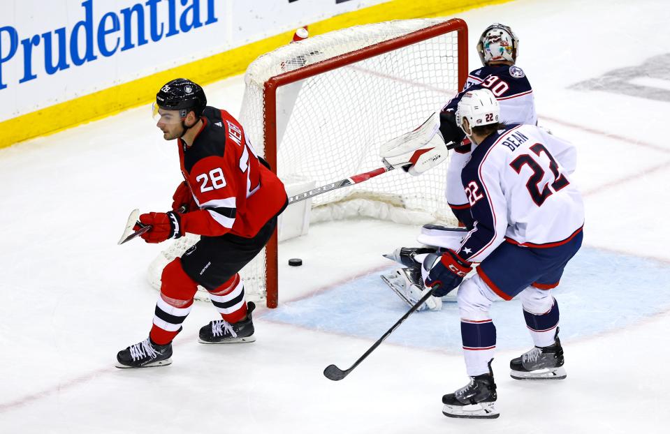 New Jersey Devils right wing Timo Meier (28) turns away after scoring against the Columbus Blue Jackets in overtime of an NHL hockey game Wednesday Dec. 27, 2023, in Newark, N.J. (AP Photo/Noah K. Murray)