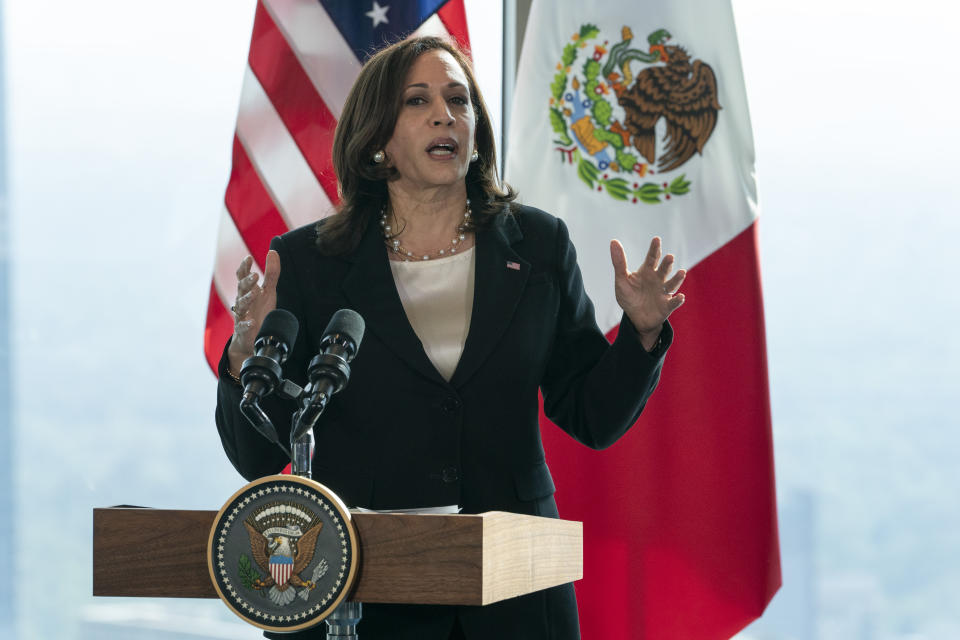 Vice President Kamala Harris speaks to the media, Tuesday, June 8, 2021, at the Sofitel Mexico City Reforma in Mexico City. (AP Photo/Jacquelyn Martin)