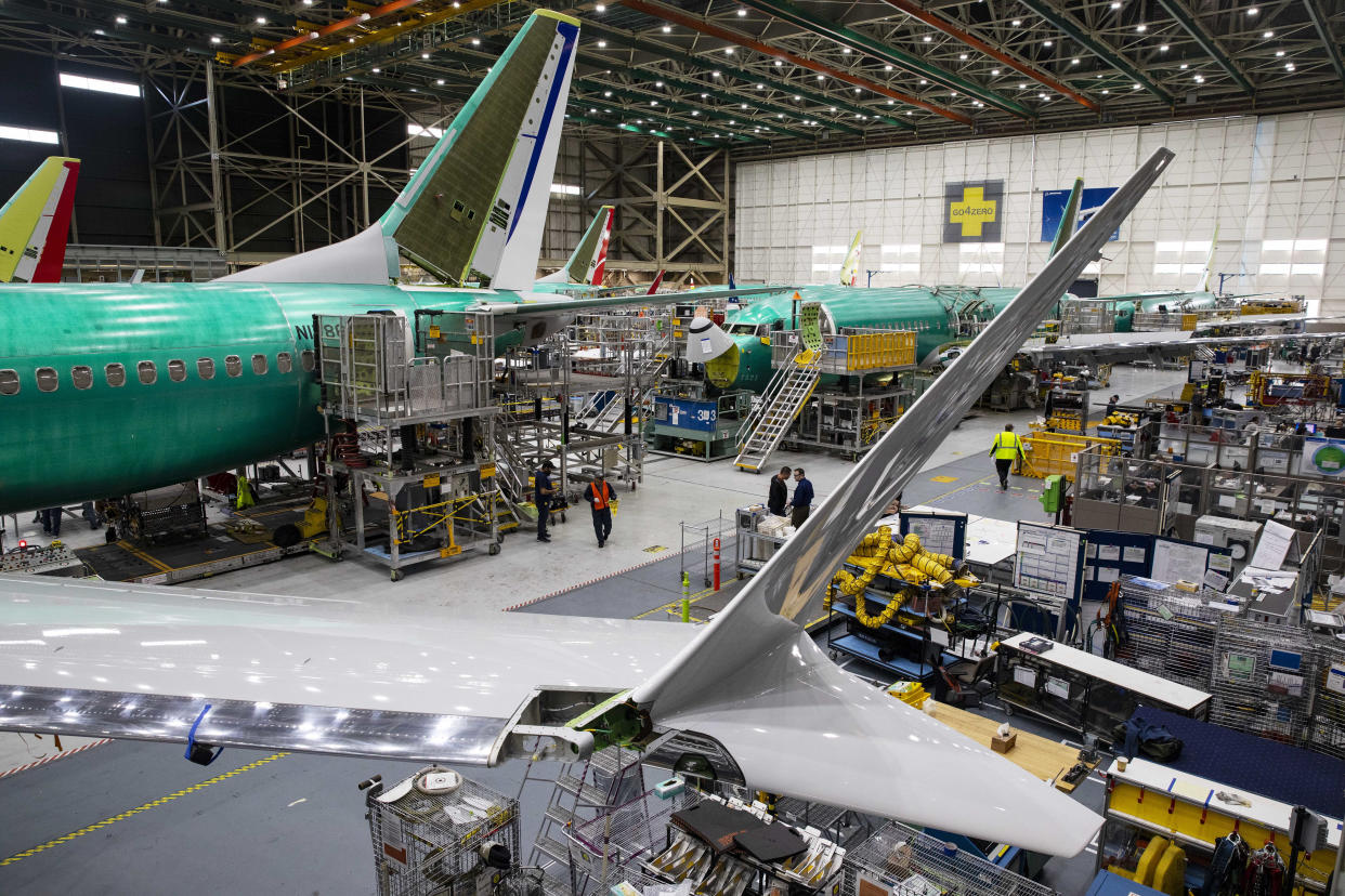 Boeing 737 Max 8 planes on the assembly line at Boeing