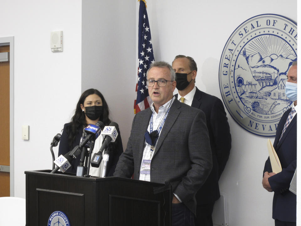 Larry David, the son of a Reno couple that was among four people killed during a string of shootings in January 2019, addresses the media Thursday, Oct. 21, 2021 in Reno, Nev. Wilber Ernesto Martinez Guzman agreed Thursday to plead guilty to all crimes in the killing of four Nevada residents as part of a deal with prosecutors that will spare him from two death penalty trials and put him in prison for the rest of his life with no possibility of appeals or parole.(AP Photo/Scott Sonner)