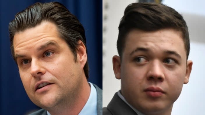 Florida Rep. Matt Gaetz (left) opined Wednesday that Kyle Rittenhouse (right), who’s currently on trial for shooting three people — two fatally — in Kenosha, Wisconsin, would “make a pretty good congressional intern.” (Photos: Rod Lamkey-Pool/Getty Images and Sean Krajacic-Pool/Getty Images)