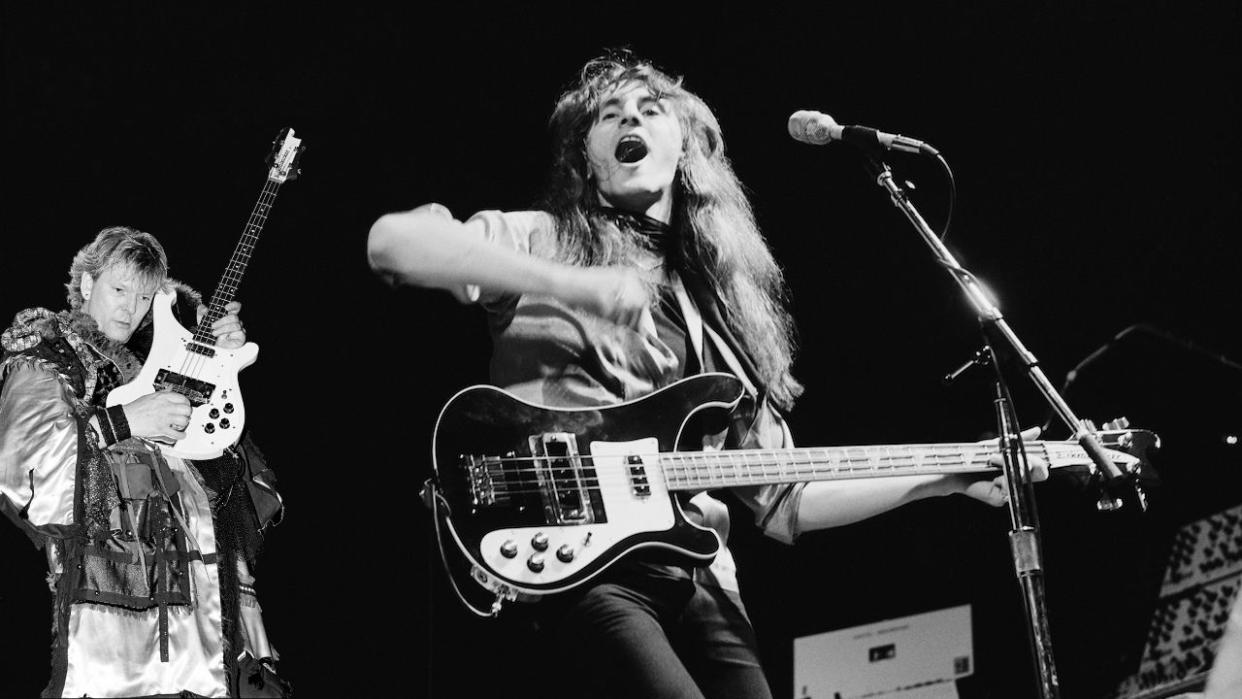  Geddy Lee from Canadian rock group Rush performs live on stage at Bingley Hall in Staffordshire, England on 21st September 1979. 