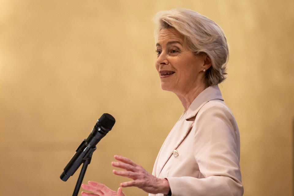 President of the European Commission Ursula von der Leyen speaks at a business event in Fairmont Hotel, Makati City, Metro Manila, Philippines, July 31, 2023. REUTERS/Eloisa Lopez