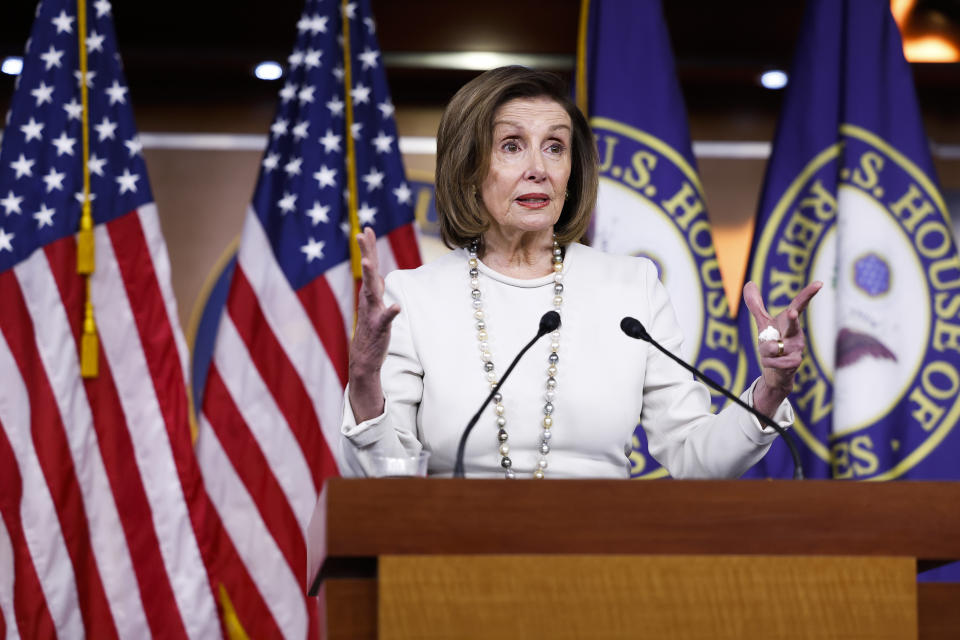 House Speaker Nancy Pelosi addresses reporters during her weekly news conference on Capitol Hill in Washington, D.C., Thursday. (Photo by Anna Moneymaker/Getty Images)