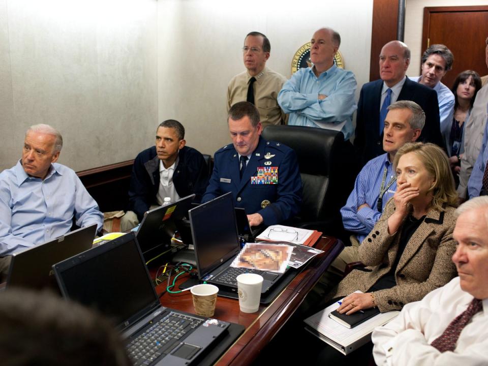 President Barack Obama, vice president Joe Biden, secretary of state Hillary Clinton and members of the national security team receive an update on the mission against Osama bin Laden in the Situation Room of the White House on 1 May 2011 in Washington, DC (Pete Souza/The White House/Getty)