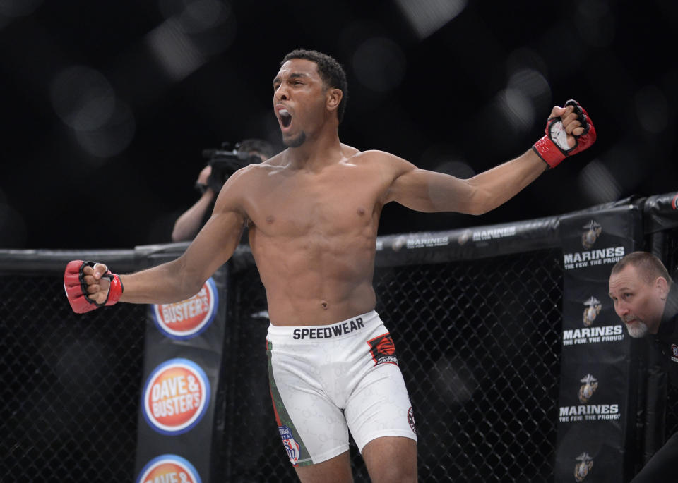 A.J. McKee, shown celebrating an earlier win, knocked out John Macapa in just 69 seconds Friday at Bellator 205 to improve his record to 12-0. (Getty Images file photo)