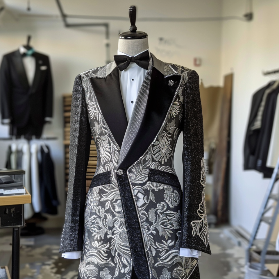 Mannequin displaying an ornate tuxedo with patterned design and lapel embellishments