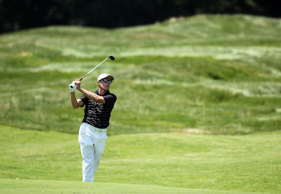 Nick O'Hern of Australia hits his second shot on the par 4 7th hole during the first round of the FedEx St. Jude Classic at TPC Southwind on June 7, 2012 in Memphis, Tennessee. (Photo by Andy Lyons/Getty Images)