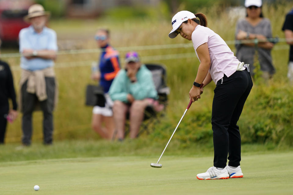 Nasa Hataoka, of Japan, putts on the ninth green during the final round of the ShopRite LPGA Classic golf tournament, Sunday, June 12, 2022, in Galloway, N.J. (AP Photo/Matt Rourke)