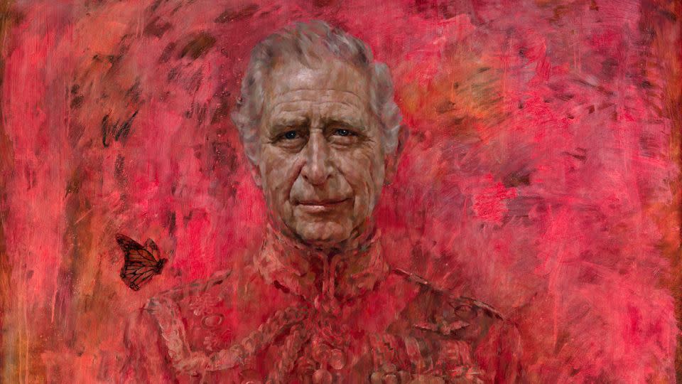 Artist Jonathan Yeo's oil on canvas portrait of Britain's King Charles III. The portrait was commissioned in 2020 to celebrate the then Prince of Wales's 50 years as a member of The Drapers' Company in 2022. - Jonathan Yeo/PA/AP