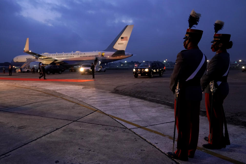 Members of the cadets honor guard stand close to Air Force Two after the arrival of Vice President Kamala Harris to Guatemala City, Sunday, June 6, 2021, at Guatemala's Air Force Central Command. (AP Photo/Jacquelyn Martin)
